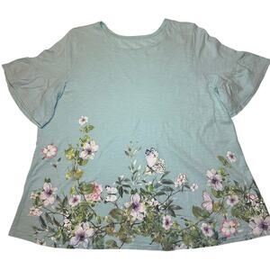 Lane Bryant Plus Cotton Flowers Butterflies Crew Neck Tunic Top Blouse 26/28